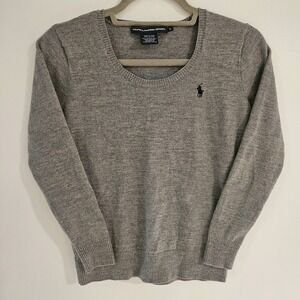 Ralph Lauren Sport Sweater Large‎ Youth 100% Merino Wool Grey Crewneck Pullover